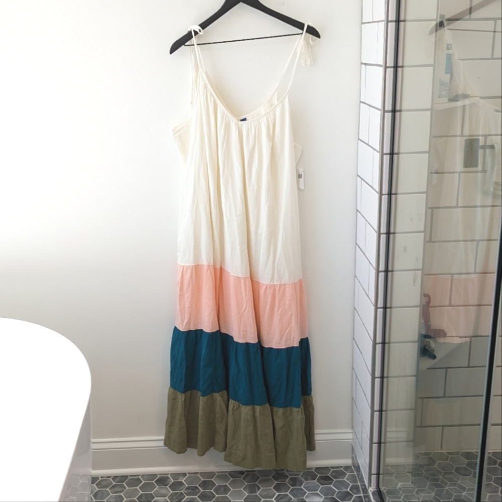 Old Navy Cream Pink Teal Olive Colorblock Maxi Dress